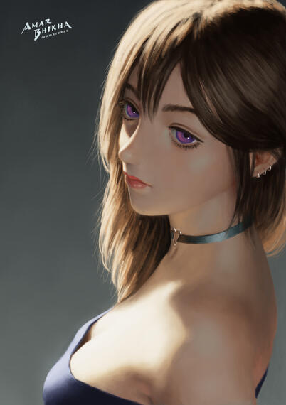 Digital illustration of a young woman with brunette hair and purple eyes, wearing a choker and 3 ear piercings on the lobe of her ear.