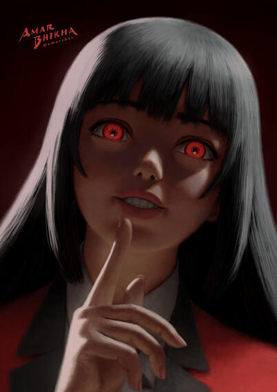 Digitally illustrated portrait of a girl with glowing red eyes and long dark straight black hair
