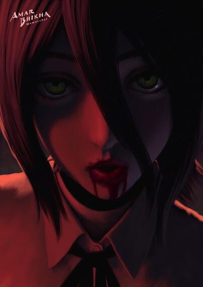 Digitally illustrated portrait of a young woman with green eyes and dark hair with blood on her lips.