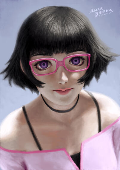 Digitally illustrated portrait of a girl with short black hair with purple eyes, wearing glasses with pink frames and a black choker