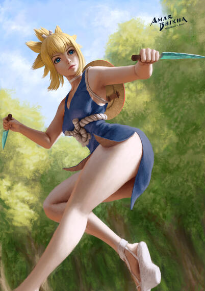 Digital illustration of a blonde girl in a blue dress and wearing a circular shield on her back while carrying daggers in each hand.