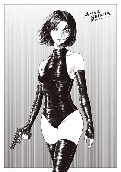 A black and white digital manga style illustration of a girl with medium length hair in a skin tight black clothing carrying a gun in her right hand
