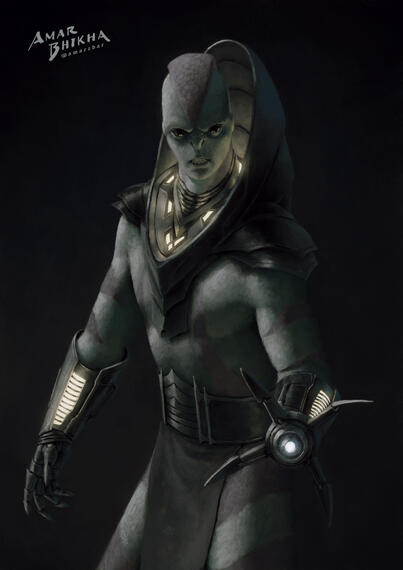 Digital illustration of a green humanoid alien creature with muted purple patterns over its skin while wearing pieces of armour and donning a claw shaped weapon on its left arm