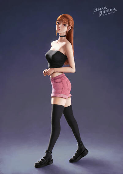 A full body digital illustration of young woman with red hair, sporting a black crop top, stockings and pink denim style shorts.
