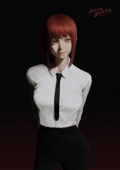 Digital illustration of a woman with vibrant red hair and yellow eyes wearing a white shirt with black tie.