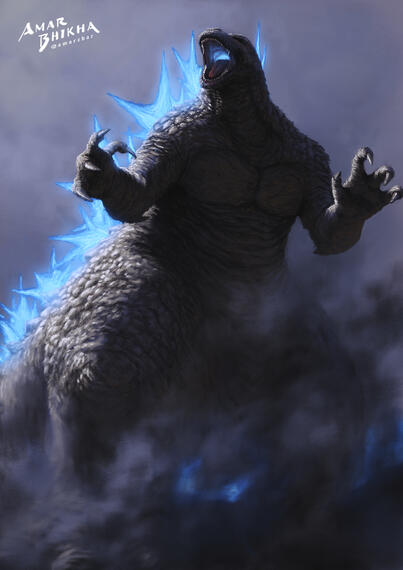 Digital illustration of Godzilla, a giant bipedal mutated lizard like creature with glowing blue dorsal fins on its back.