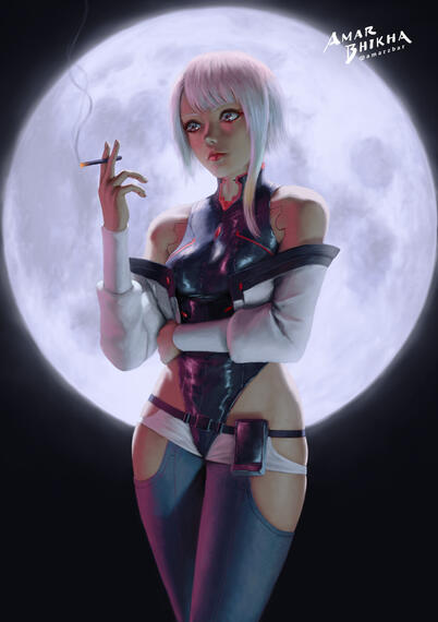 Digital illustration of a synethically enhanced young woman with pale hair and holding a cigarette while standing in front of the moon.