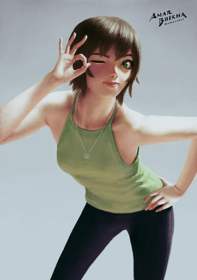 A young woman with short dark hair, green eyes and wearing a green sleeveless top.