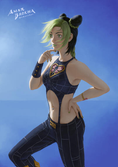 Digital illustration of a young woman with green hair, eyes and lipstick. Her outfit is a dark blue with a web pattern and a butterfly emblem on her chest.
