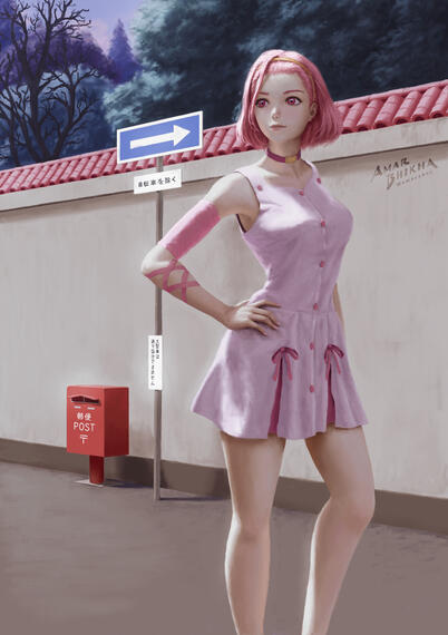 Digital illustration of a girl in a pink dress with medium length pink hair, pink eyes and standing in front of a wall near a post box.