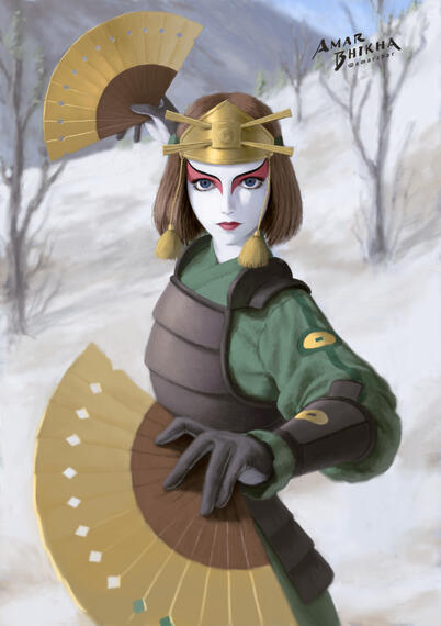Digital illustration of a warrior woman in a green outfit and wielding golden fans in each hand in a stance ready for battle. She wears white and red make up on her face.